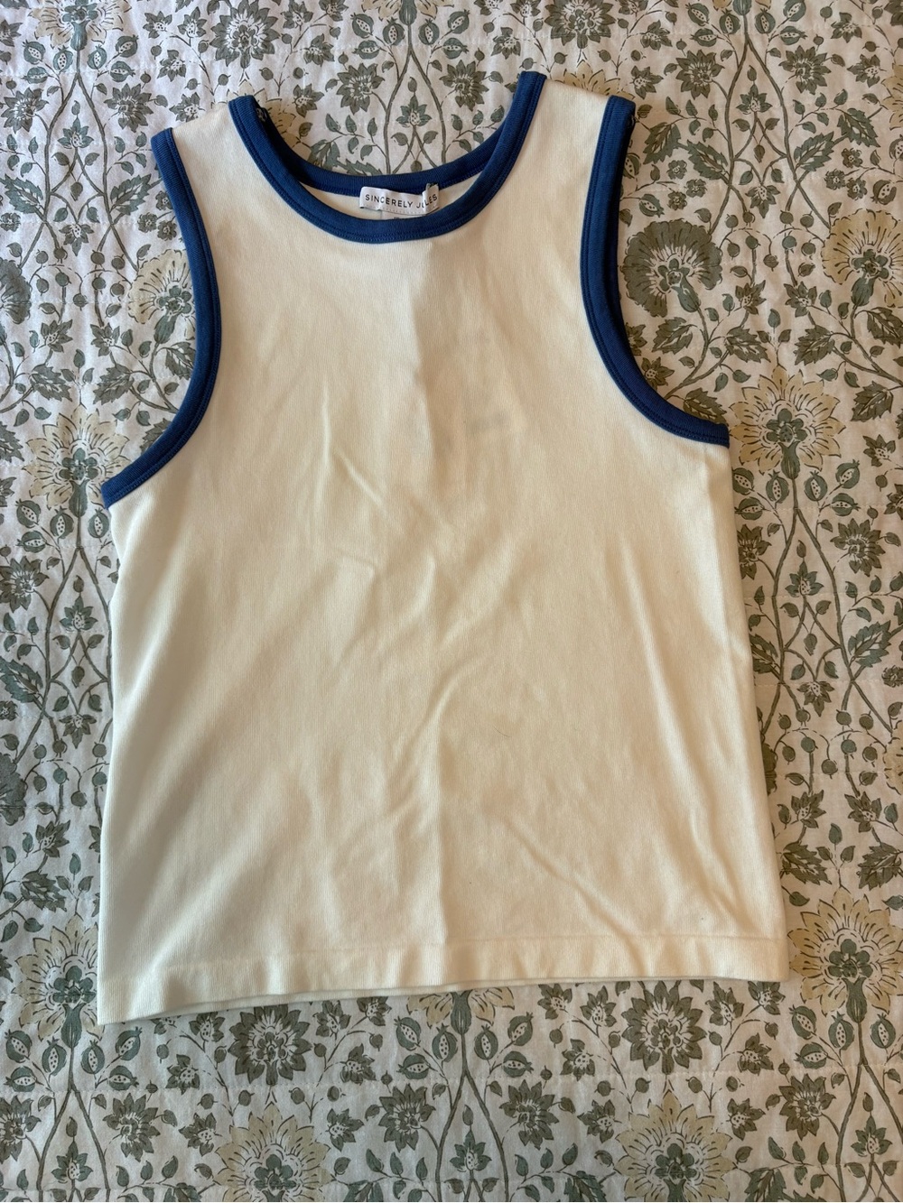 Sincerly Jules Cream Tank with Navy Trim